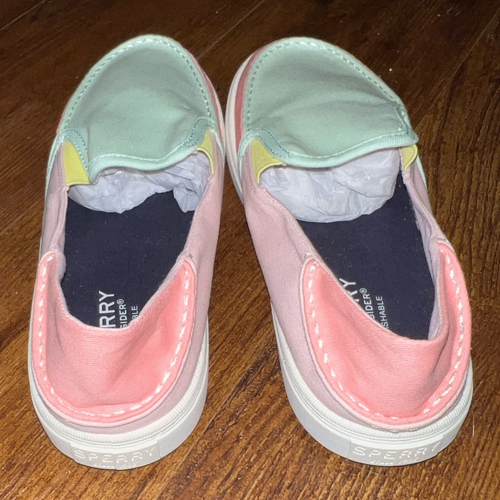 Sperry Colorblock Pink Green Pastel Canvas Slip On Memory Foam Loafers Size 6 - Picture 8 of 11